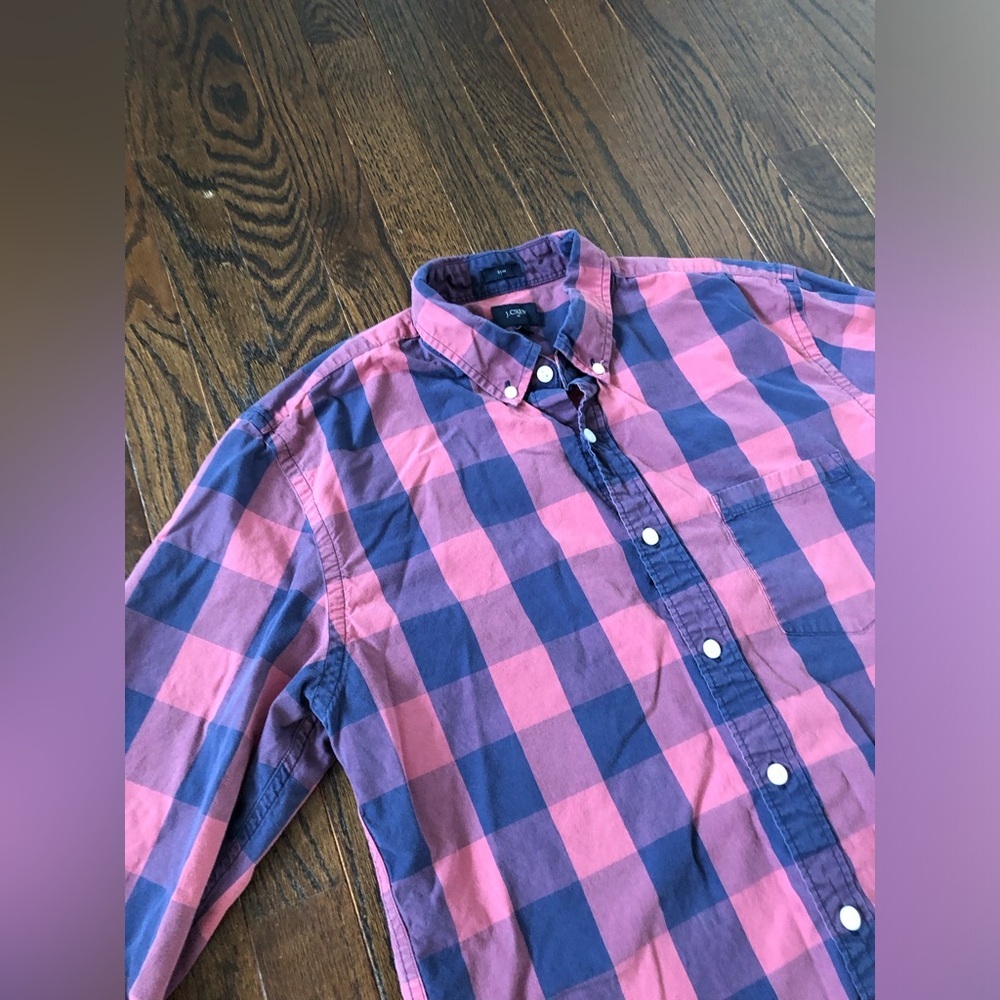 J. Crew Men’s L Pink/Red/Blue Long-Sleeved Plaid Slim Fit Button-Down Shirt - Picture 2 of 9